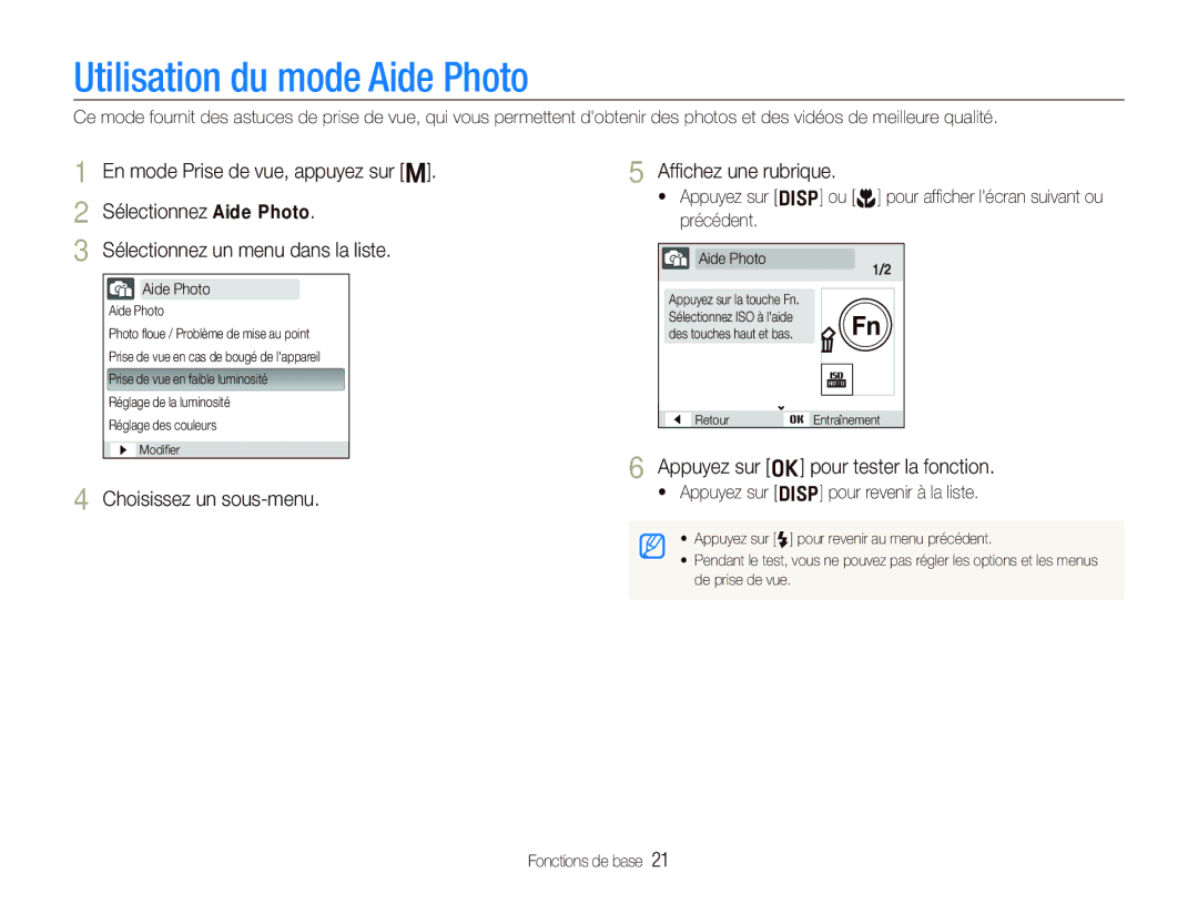 Samsung EC-PL10ZPBP/FR manual Utilisation du mode Aide Photo, Sélectionnez un menu dans la liste, Choisissez un sous-menu 