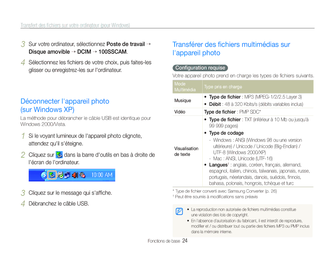 Samsung EC-PL10ZPBP/FR Déconnecter lappareil photo sur Windows XP, Transférer des ﬁchiers multimédias sur lappareil photo 