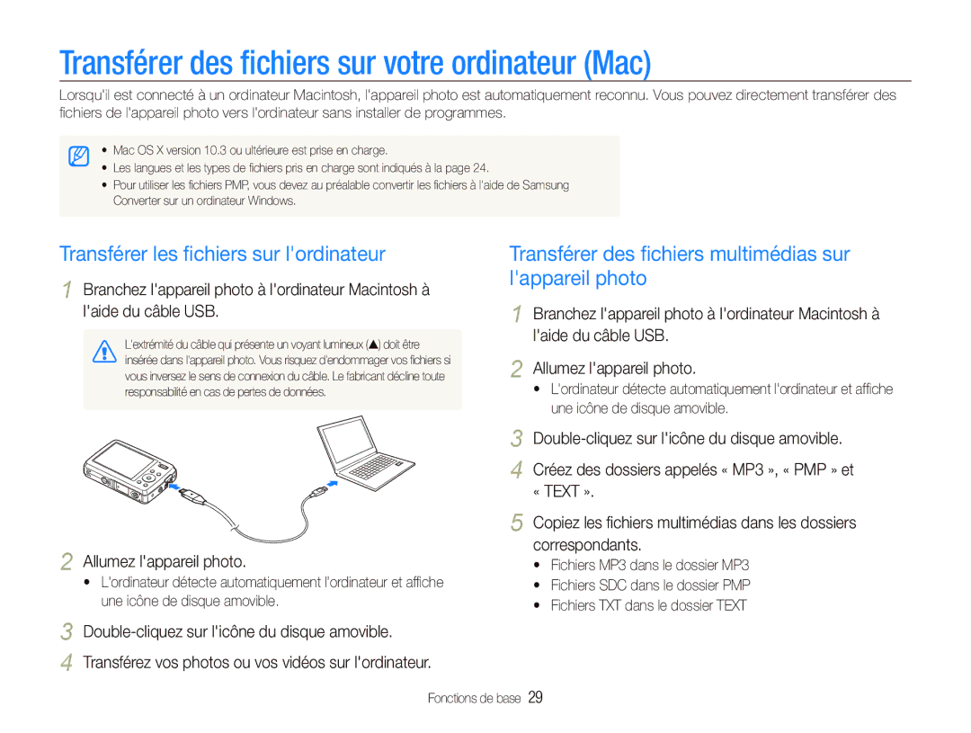 Samsung EC-PL10ZRBP/FR manual Transférer des ﬁchiers sur votre ordinateur Mac, Transférer les ﬁchiers sur lordinateur 