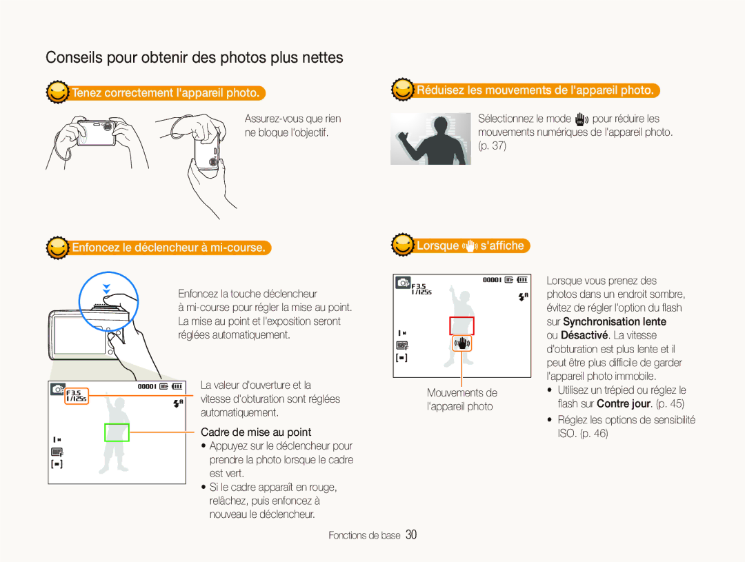 Samsung EC-PL10ZPBP/FR Tenez correctement lappareil photo, Réduisez les mouvements de lappareil photo, Lorsque safﬁche 