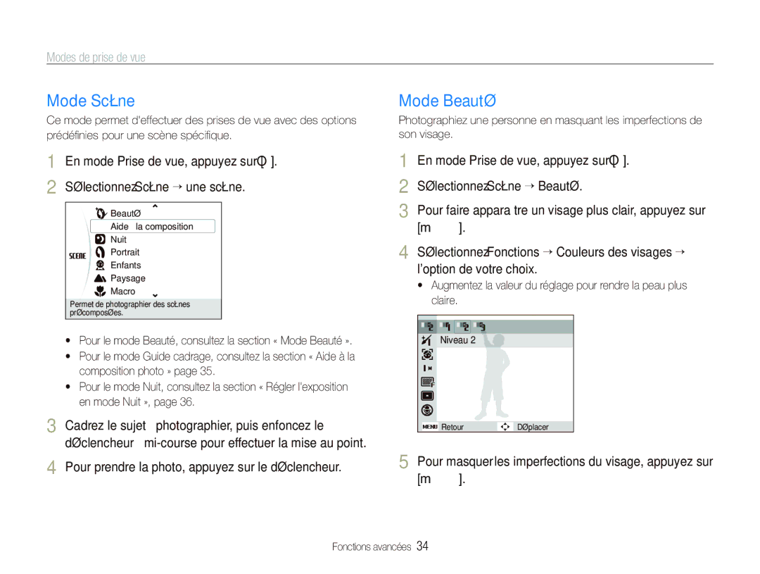 Samsung EC-PL10ZLBP/FR, EC-PL10ZRBP/FR, EC-PL10ZPBP/FR manual Mode Scène, Mode Beauté, Modes de prise de vue 