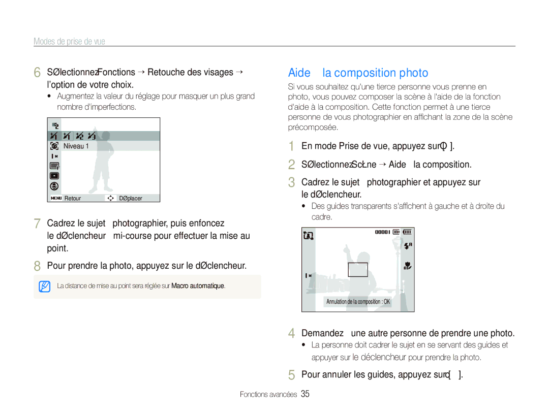 Samsung EC-PL10ZRBP/FR, EC-PL10ZPBP/FR manual Aide à la composition photo, Cadrez le sujet à photographier, puis enfoncez 