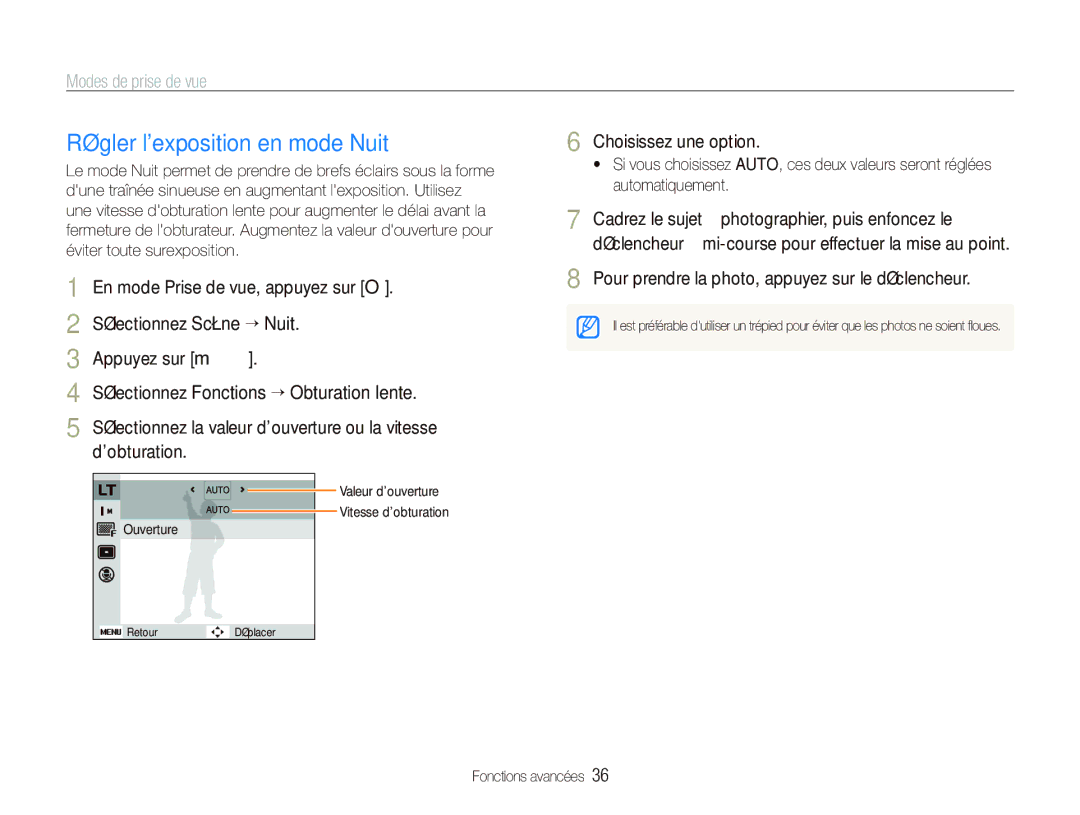 Samsung EC-PL10ZPBP/FR, EC-PL10ZRBP/FR, EC-PL10ZLBP/FR manual Régler lexposition en mode Nuit, Choisissez une option 