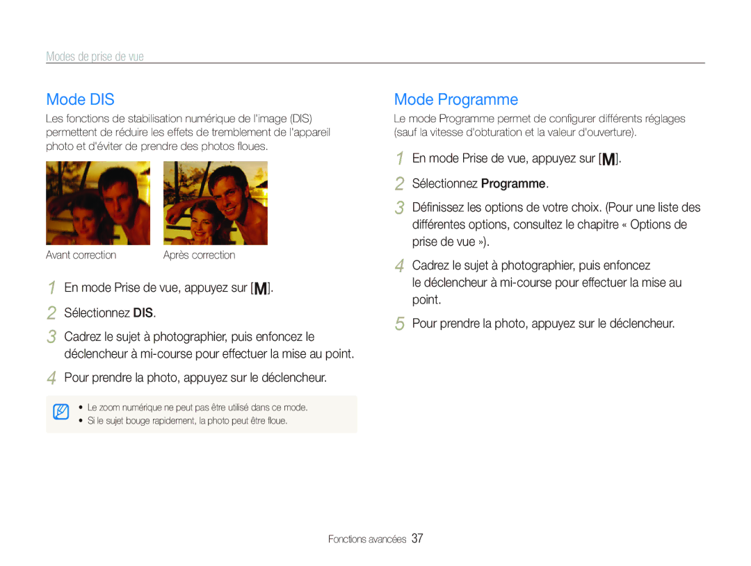 Samsung EC-PL10ZLBP/FR, EC-PL10ZRBP/FR, EC-PL10ZPBP/FR manual Mode DIS, Mode Programme, En mode Prise de vue, appuyez sur O 