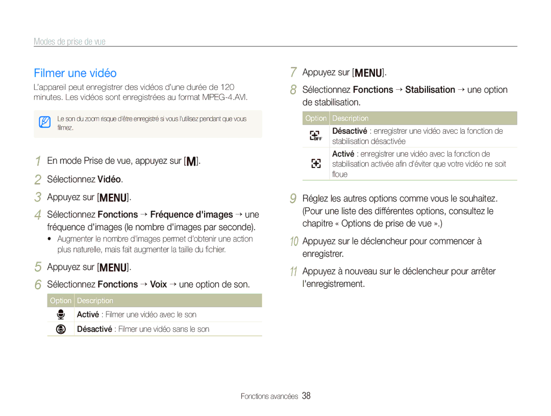 Samsung EC-PL10ZRBP/FR, EC-PL10ZPBP/FR, EC-PL10ZLBP/FR manual Filmer une vidéo, Option Description 