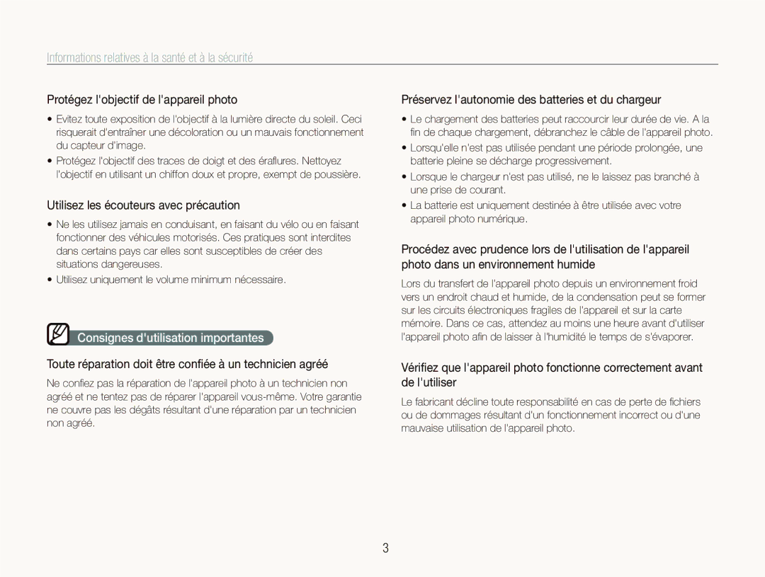 Samsung EC-PL10ZPBP/FR, EC-PL10ZRBP/FR manual Protégez lobjectif de lappareil photo, Utilisez les écouteurs avec précaution 