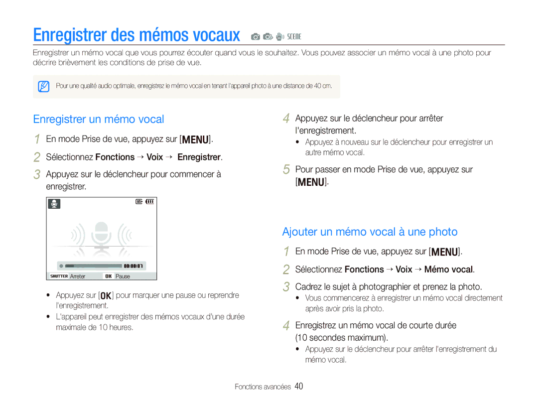 Samsung EC-PL10ZLBP/FR Enregistrer des mémos vocaux a p d s, Enregistrer un mémo vocal, Ajouter un mémo vocal à une photo 