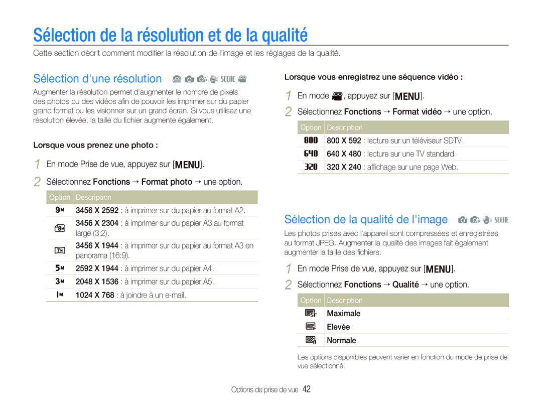 Samsung EC-PL10ZPBP/FR, EC-PL10ZRBP/FR Sélection de la résolution et de la qualité, Sélection dune résolution S a p d s 