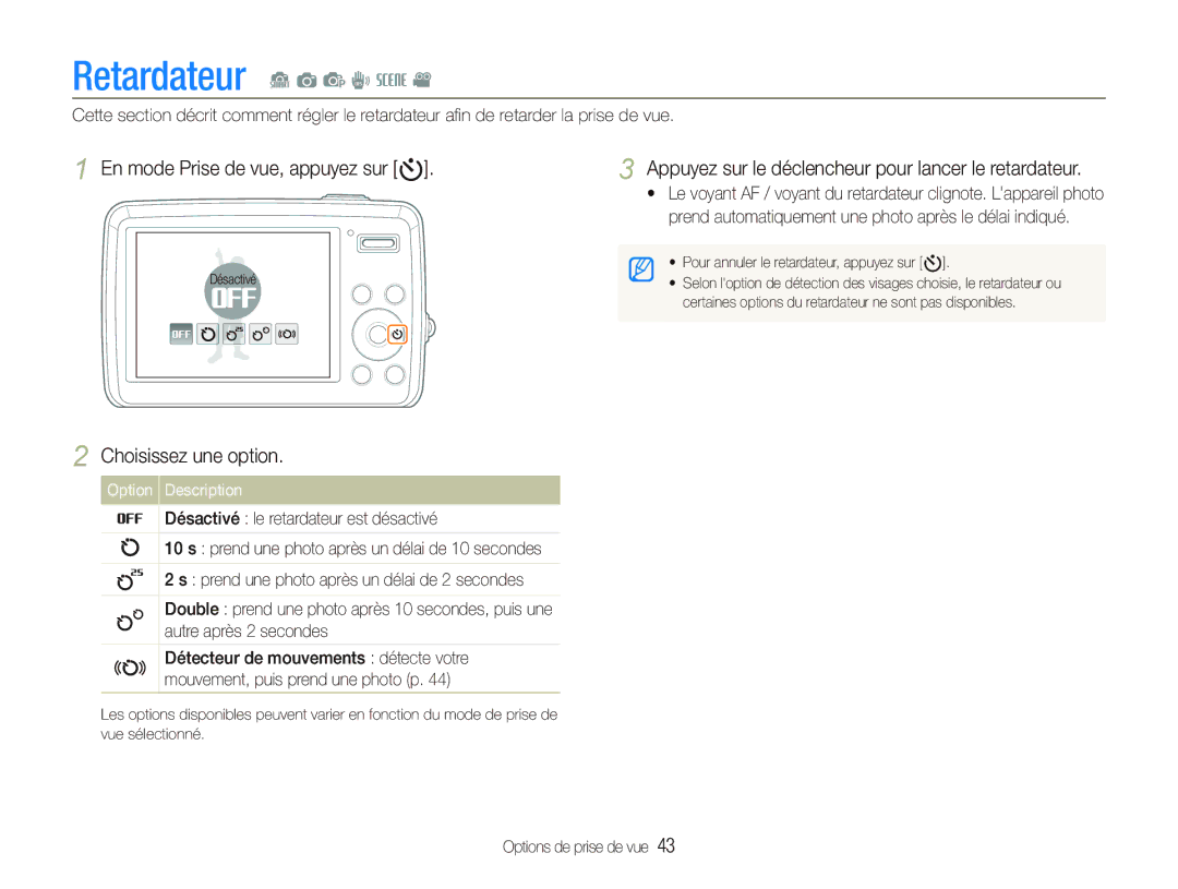 Samsung EC-PL10ZLBP/FR, EC-PL10ZRBP/FR, EC-PL10ZPBP/FR manual Retardateur S a p d s, En mode Prise de vue, appuyez sur t 
