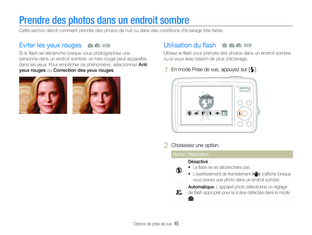 Samsung EC-PL10ZPBP/FR, EC-PL10ZRBP/FR manual Prendre des photos dans un endroit sombre, Eviter les yeux rouges a p s 