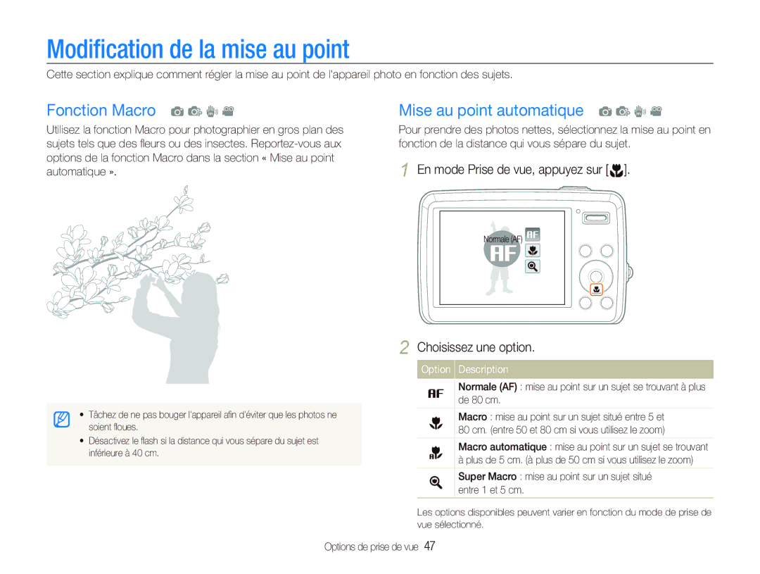 Samsung EC-PL10ZRBP/FR manual Modiﬁcation de la mise au point, Fonction Macro a p d, Mise au point automatique a p d 