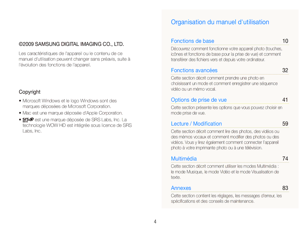 Samsung EC-PL10ZLBP/FR, EC-PL10ZRBP/FR, EC-PL10ZPBP/FR manual Organisation du manuel dutilisation, Copyright 