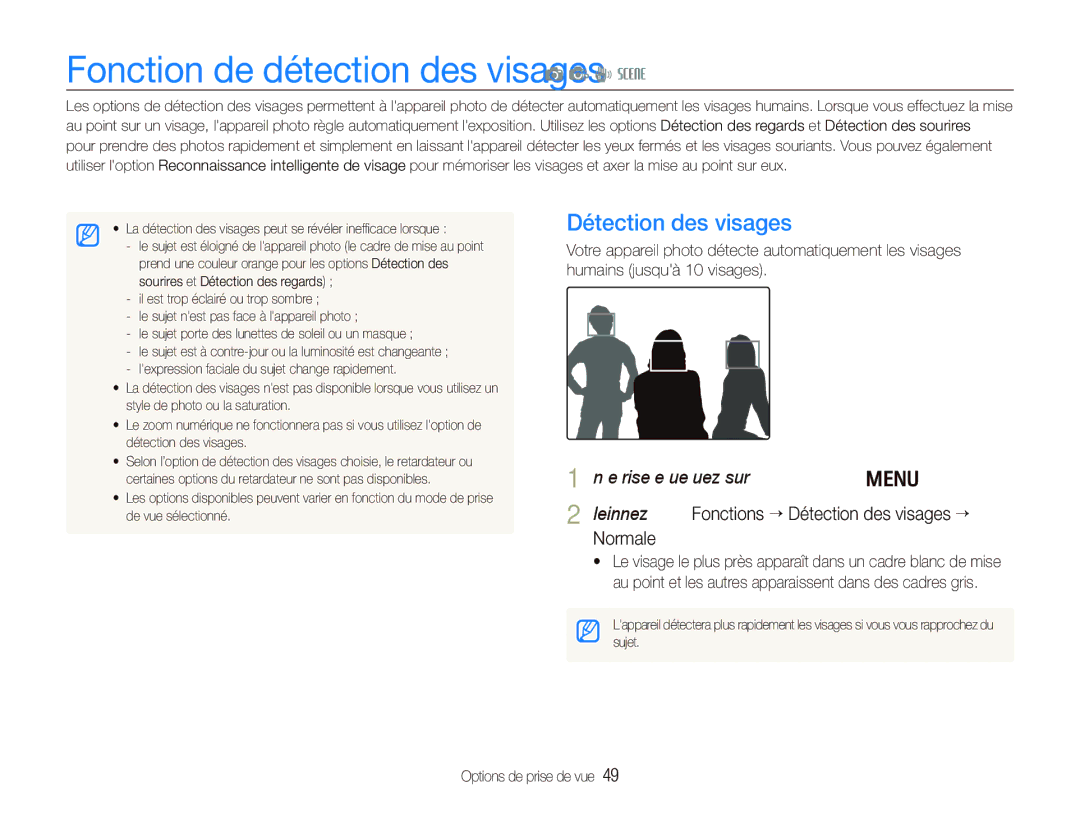 Samsung EC-PL10ZLBP/FR, EC-PL10ZRBP/FR, EC-PL10ZPBP/FR Fonction de détection des visages a p d s, Détection des visages 