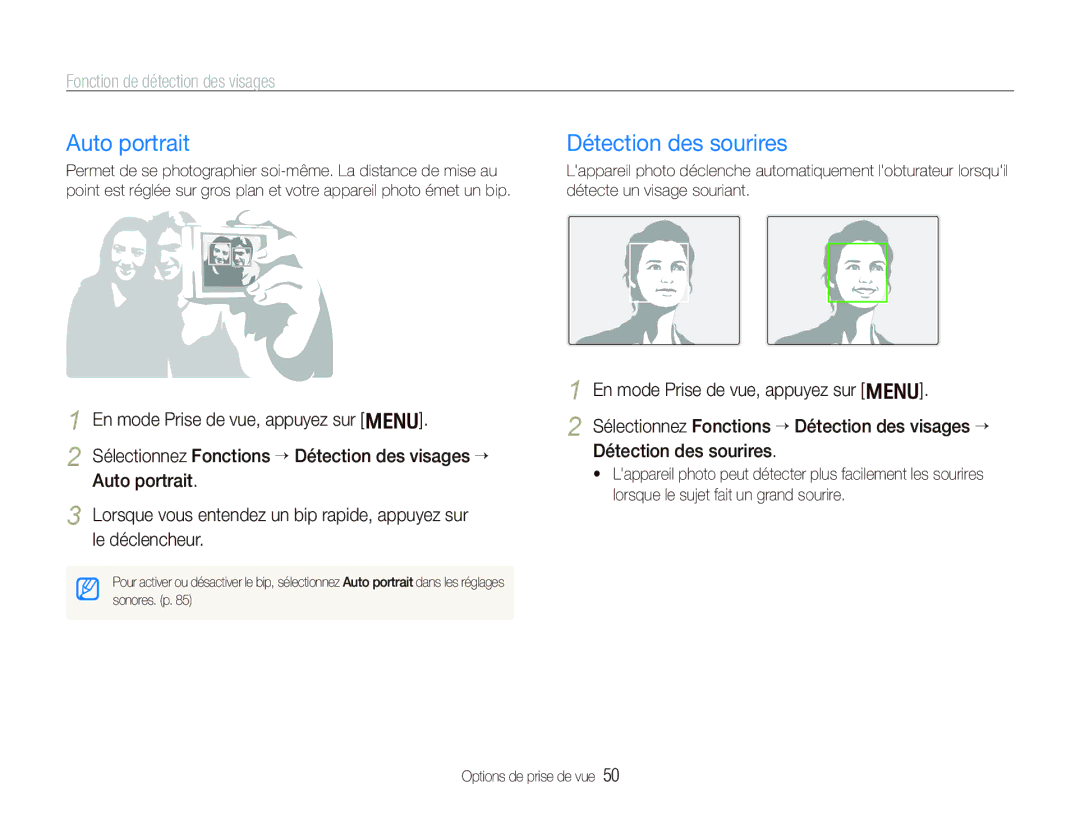 Samsung EC-PL10ZRBP/FR, EC-PL10ZPBP/FR manual Auto portrait, Détection des sourires, Fonction de détection des visages 