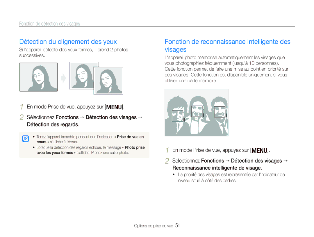 Samsung EC-PL10ZPBP/FR manual Détection du clignement des yeux, Fonction de reconnaissance intelligente des visages 