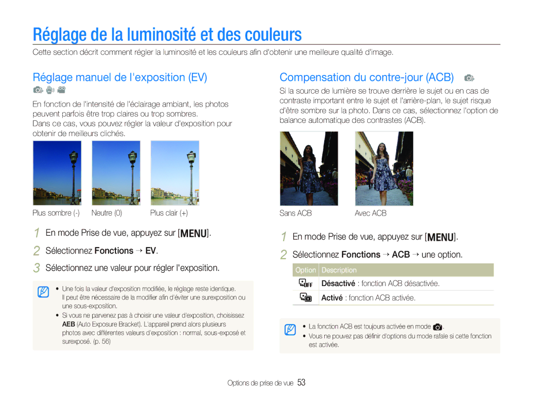 Samsung EC-PL10ZRBP/FR manual Réglage de la luminosité et des couleurs, Réglage manuel de lexposition EV, Sans ACB 