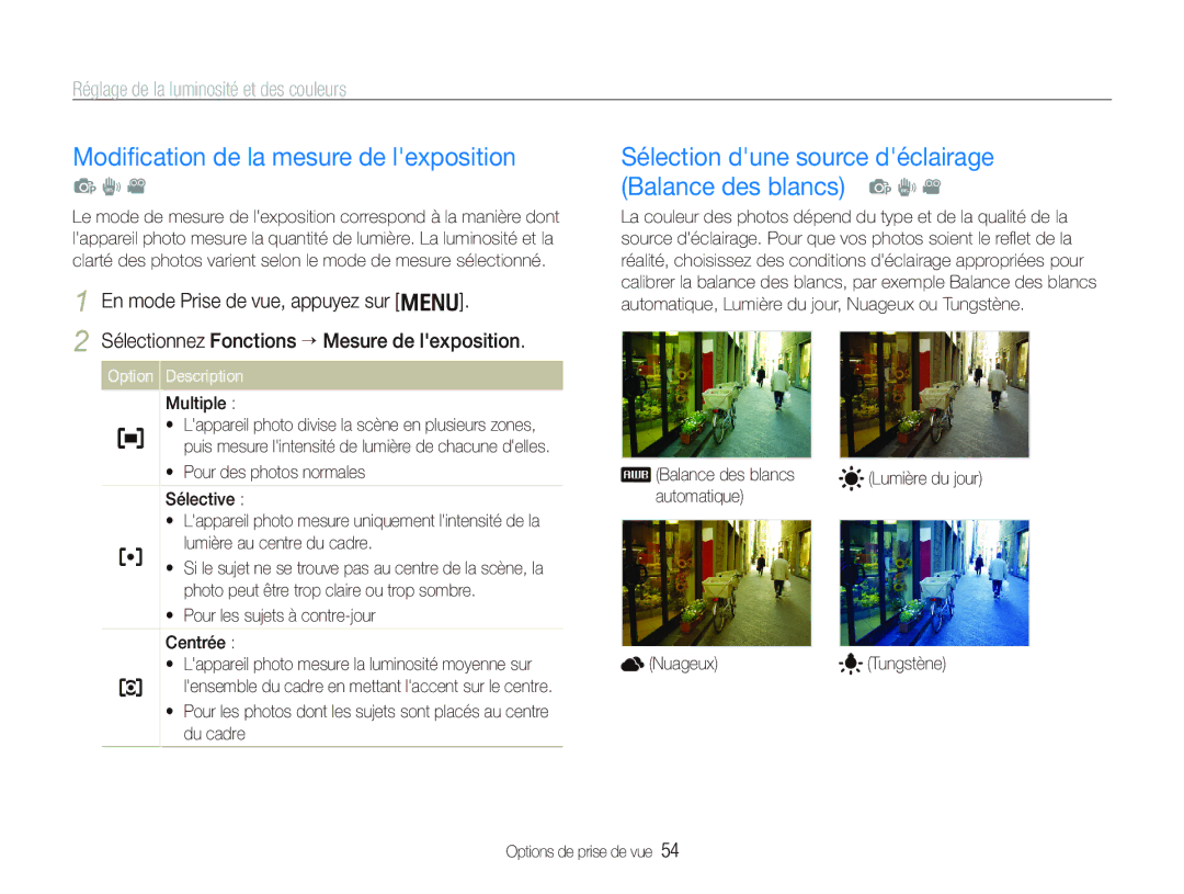 Samsung EC-PL10ZPBP/FR Modiﬁcation de la mesure de lexposition, Sélection dune source déclairage Balance des blancs p d 