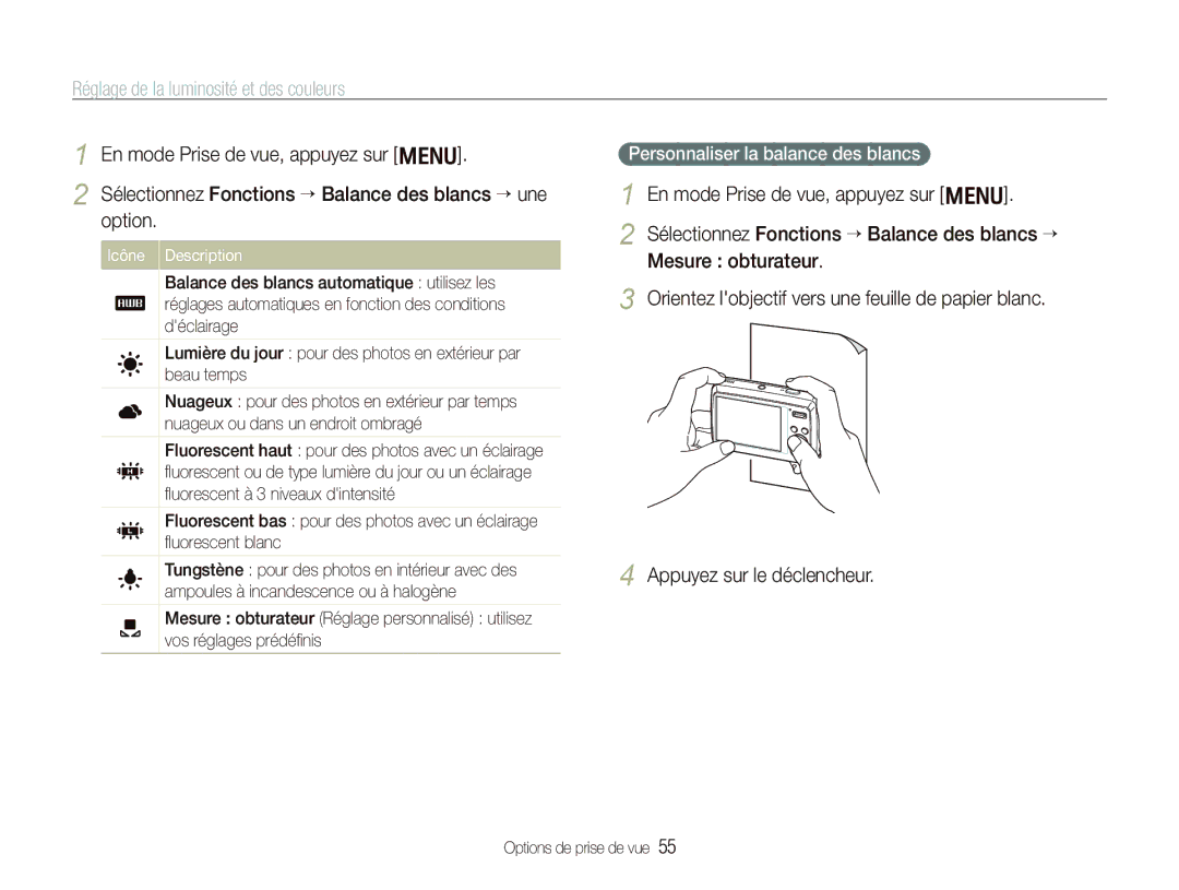 Samsung EC-PL10ZLBP/FR, EC-PL10ZRBP/FR, EC-PL10ZPBP/FR manual Personnaliser la balance des blancs, Icône Description 