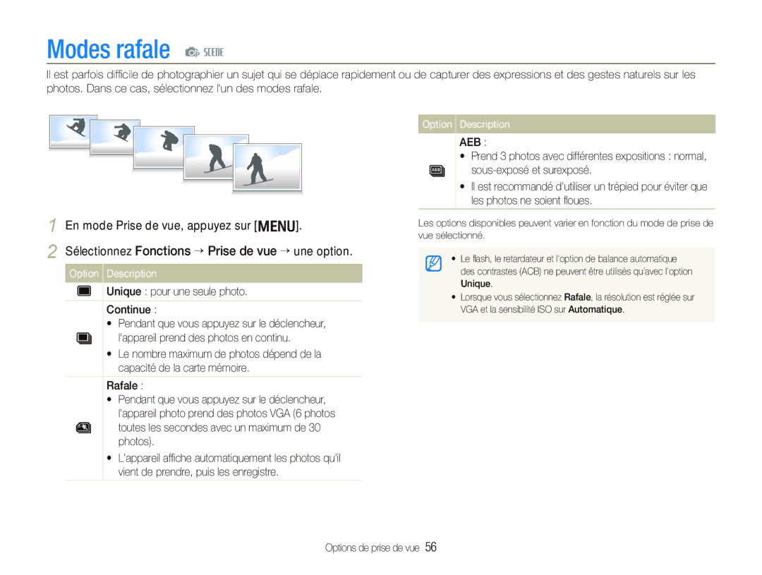 Samsung EC-PL10ZRBP/FR, EC-PL10ZPBP/FR, EC-PL10ZLBP/FR manual Modes rafale p s, Unique pour une seule photo Continue 