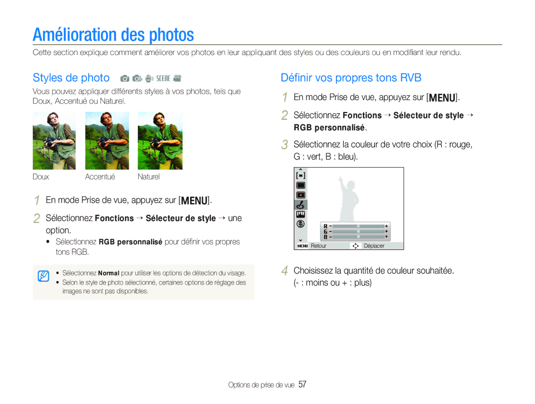 Samsung EC-PL10ZPBP/FR manual Amélioration des photos, Styles de photo a p d s, Déﬁnir vos propres tons RVB, Option 