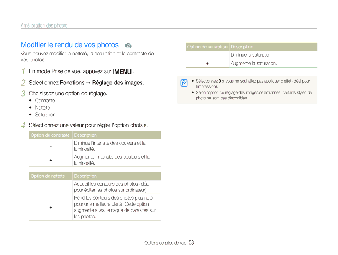 Samsung EC-PL10ZLBP/FR manual Modiﬁer le rendu de vos photos p, Amélioration des photos, Option de netteté Description 