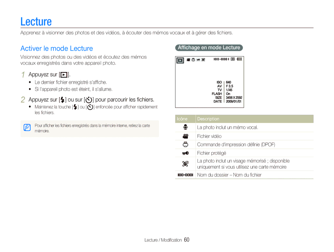 Samsung EC-PL10ZPBP/FR manual Activer le mode Lecture, Appuyez sur P, Appuyez sur F ou sur t pour parcourir les ﬁchiers 