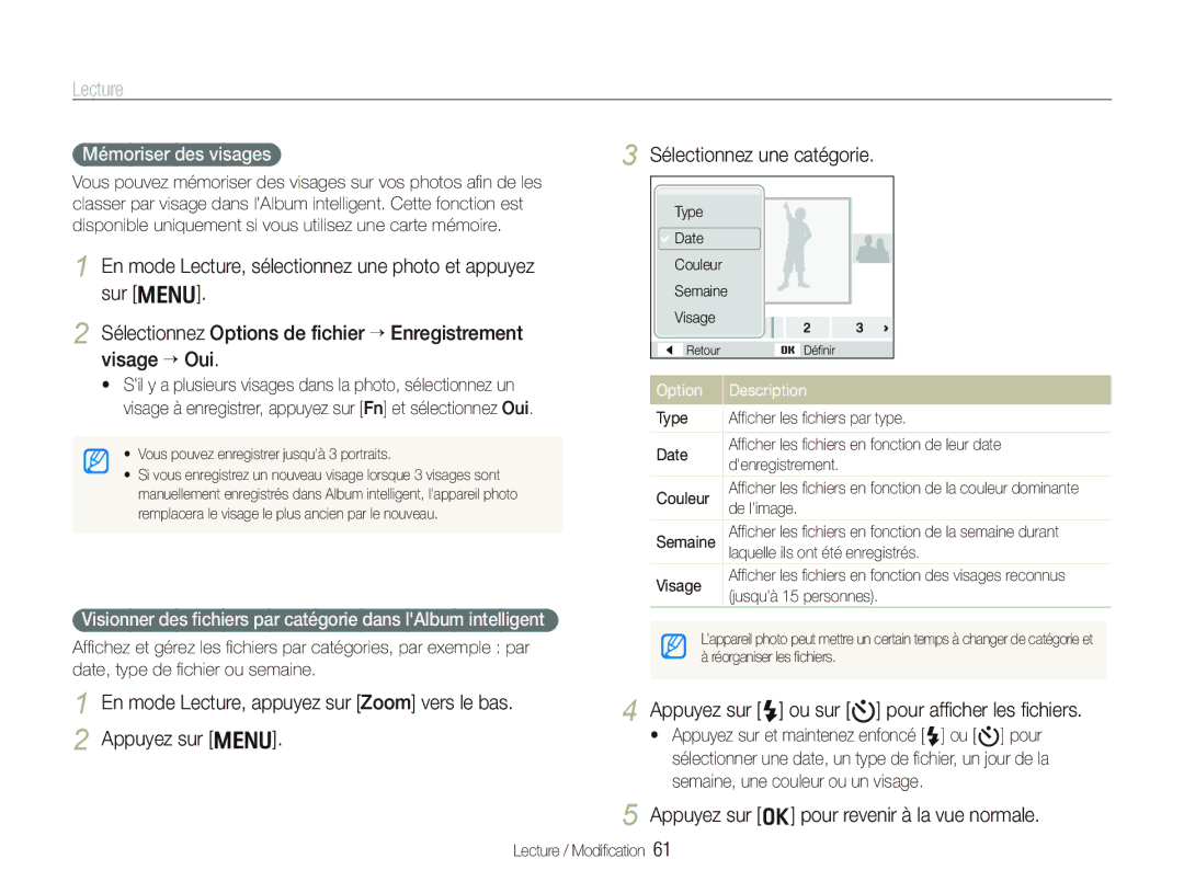 Samsung EC-PL10ZLBP/FR, EC-PL10ZRBP/FR Lecture, Sélectionnez une catégorie, Appuyez sur o pour revenir à la vue normale 