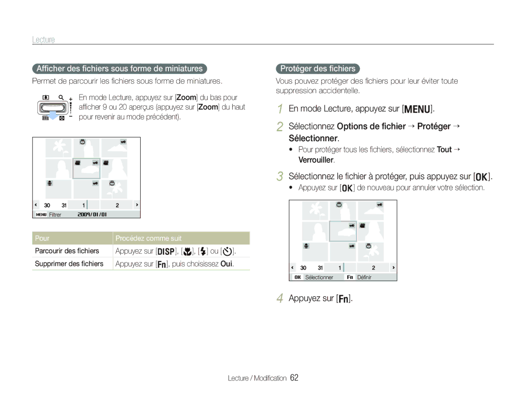 Samsung EC-PL10ZRBP/FR manual Sélectionnez le ﬁchier à protéger, puis appuyez sur o, Appuyez sur f, Protéger des ﬁchiers 