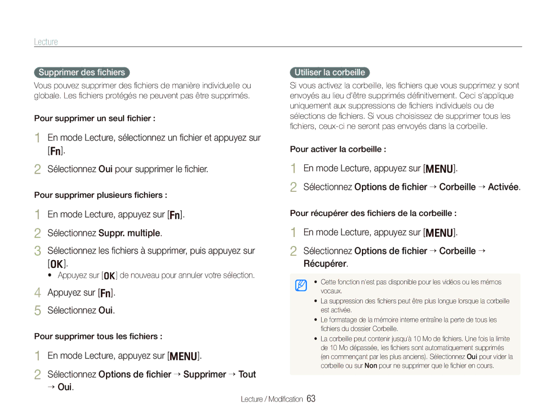 Samsung EC-PL10ZPBP/FR, EC-PL10ZRBP/FR manual Appuyez sur f Sélectionnez Oui, Supprimer des ﬁchiers, Utiliser la corbeille 