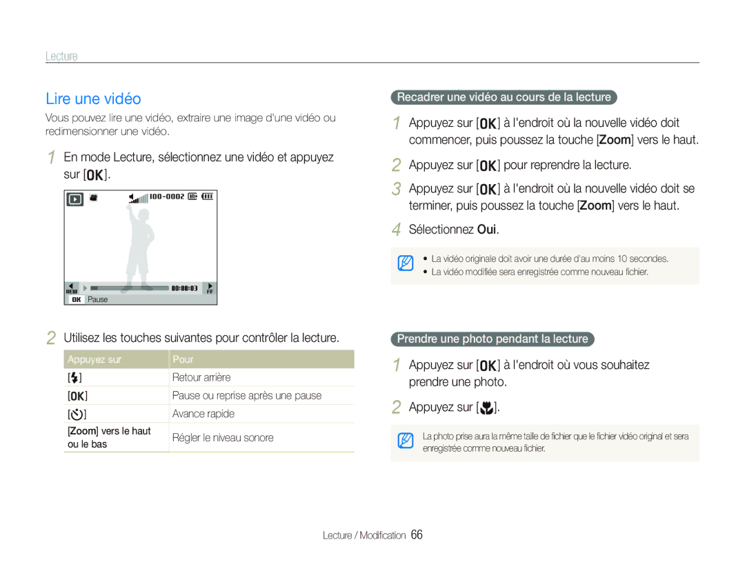 Samsung EC-PL10ZPBP/FR manual Lire une vidéo, En mode Lecture, sélectionnez une vidéo et appuyez sur o, Prendre une photo 