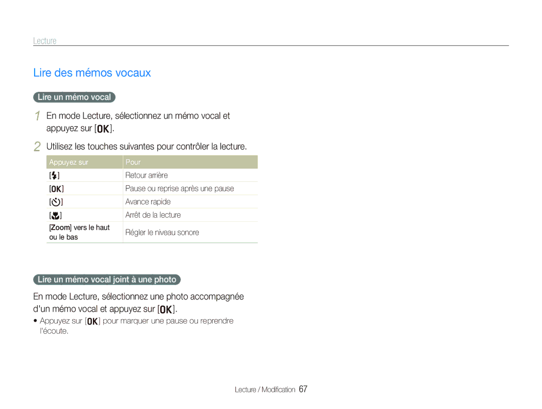 Samsung EC-PL10ZLBP/FR manual Lire des mémos vocaux, Lire un mémo vocal joint à une photo, Arrêt de la lecture 