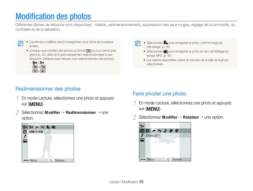 Samsung EC-PL10ZRBP/FR, EC-PL10ZPBP/FR manual Modiﬁcation des photos, Redimensionner des photos, Faire pivoter une photo 