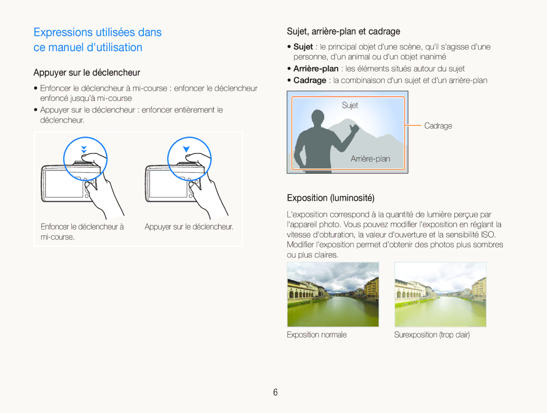 Samsung EC-PL10ZPBP/FR manual Appuyer sur le déclencheur, Sujet, arrière-plan et cadrage, Exposition luminosité, Mi-course 