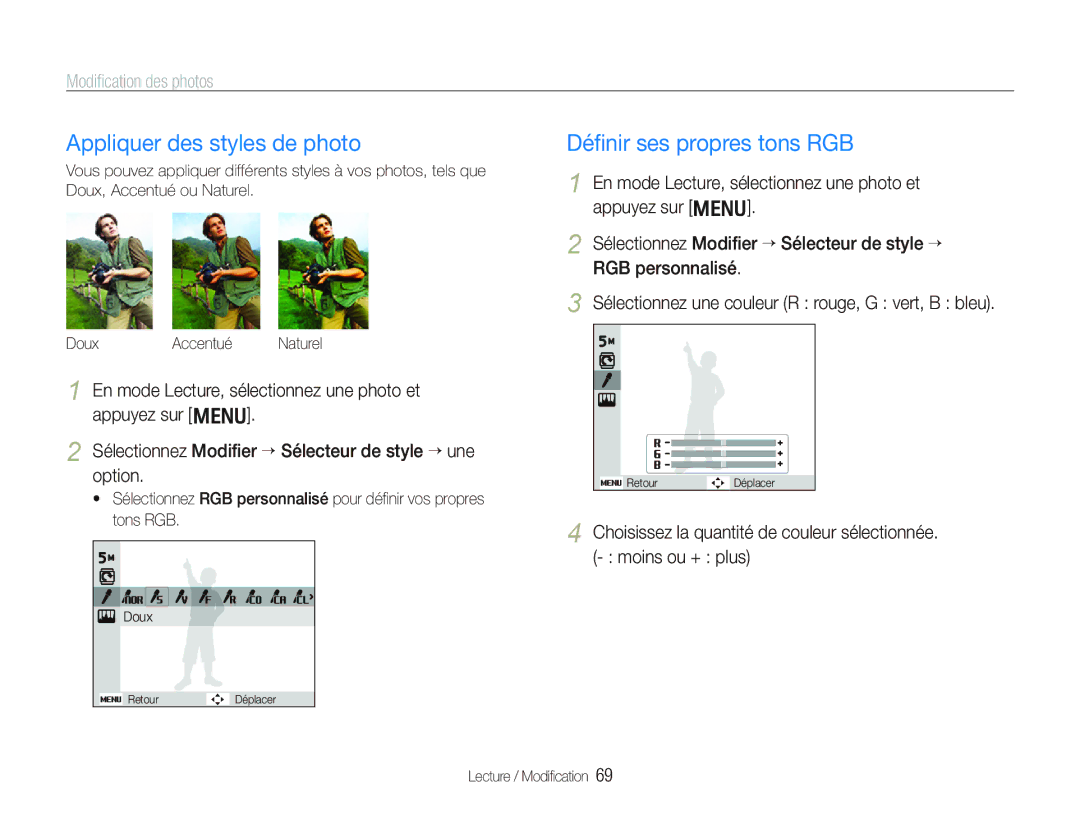 Samsung EC-PL10ZPBP/FR, EC-PL10ZRBP/FR Appliquer des styles de photo, Déﬁnir ses propres tons RGB, Modiﬁcation des photos 