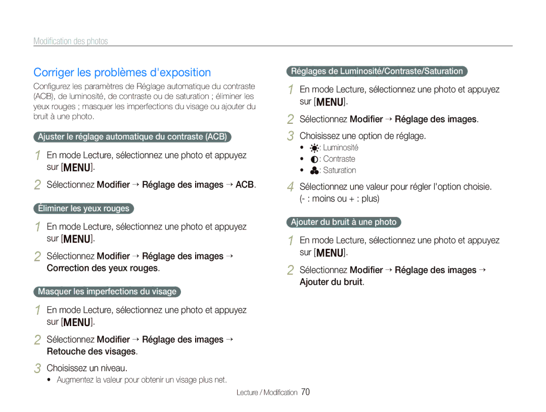 Samsung EC-PL10ZLBP/FR, EC-PL10ZRBP/FR, EC-PL10ZPBP/FR manual Corriger les problèmes dexposition 