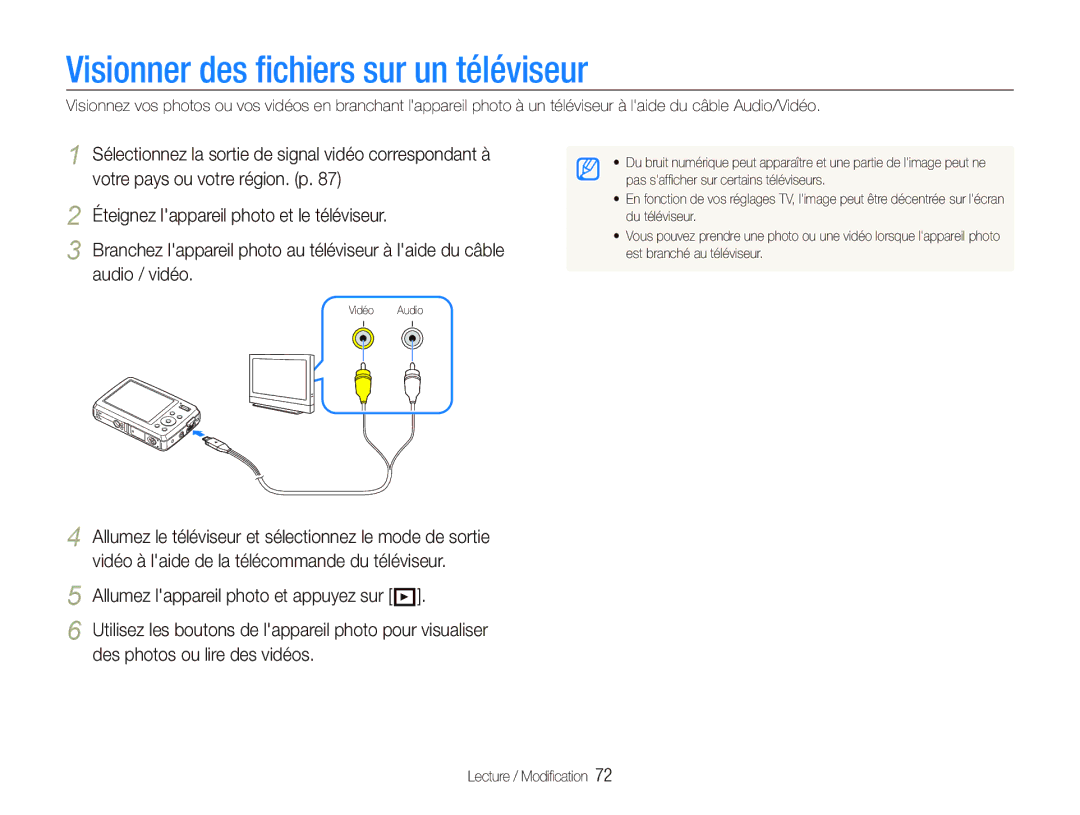 Samsung EC-PL10ZPBP/FR, EC-PL10ZRBP/FR, EC-PL10ZLBP/FR manual Visionner des ﬁchiers sur un téléviseur 