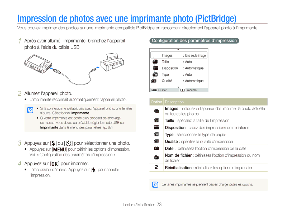 Samsung EC-PL10ZLBP/FR manual Impression de photos avec une imprimante photo PictBridge, Appuyez sur o pour imprimer 