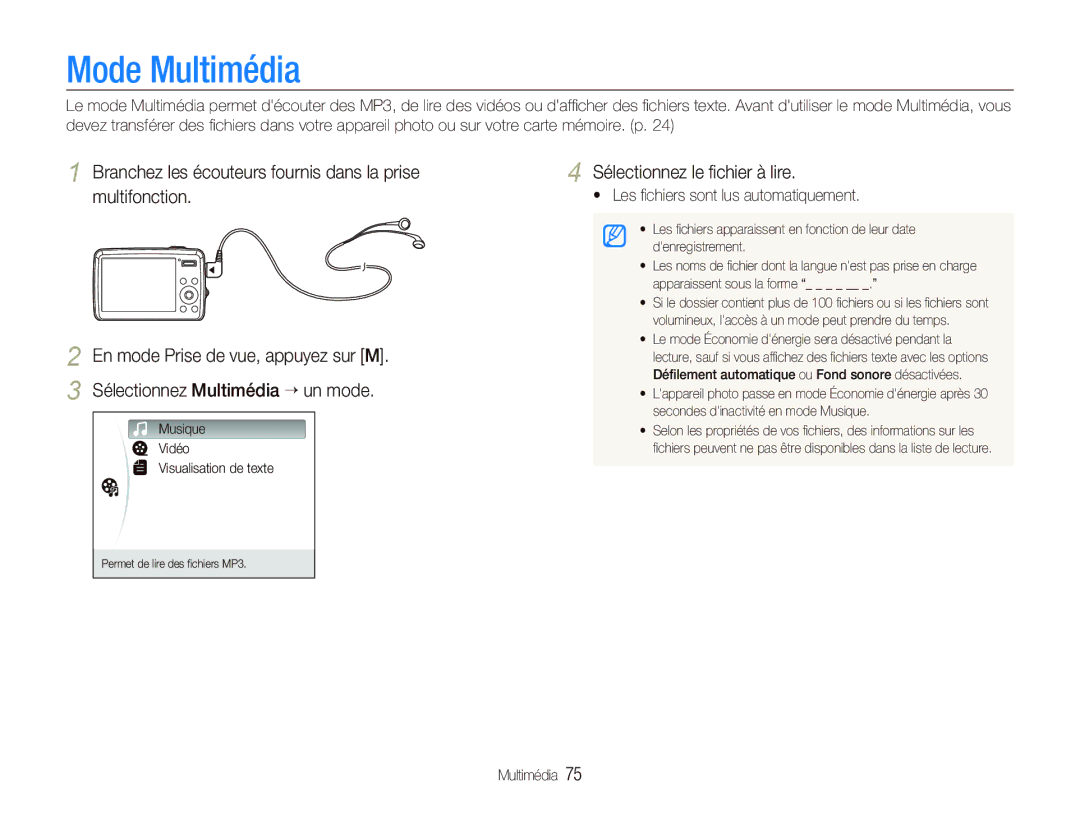 Samsung EC-PL10ZPBP/FR, EC-PL10ZRBP/FR Mode Multimédia, Sélectionnez Multimédia “ un mode, Sélectionnez le ﬁchier à lire 