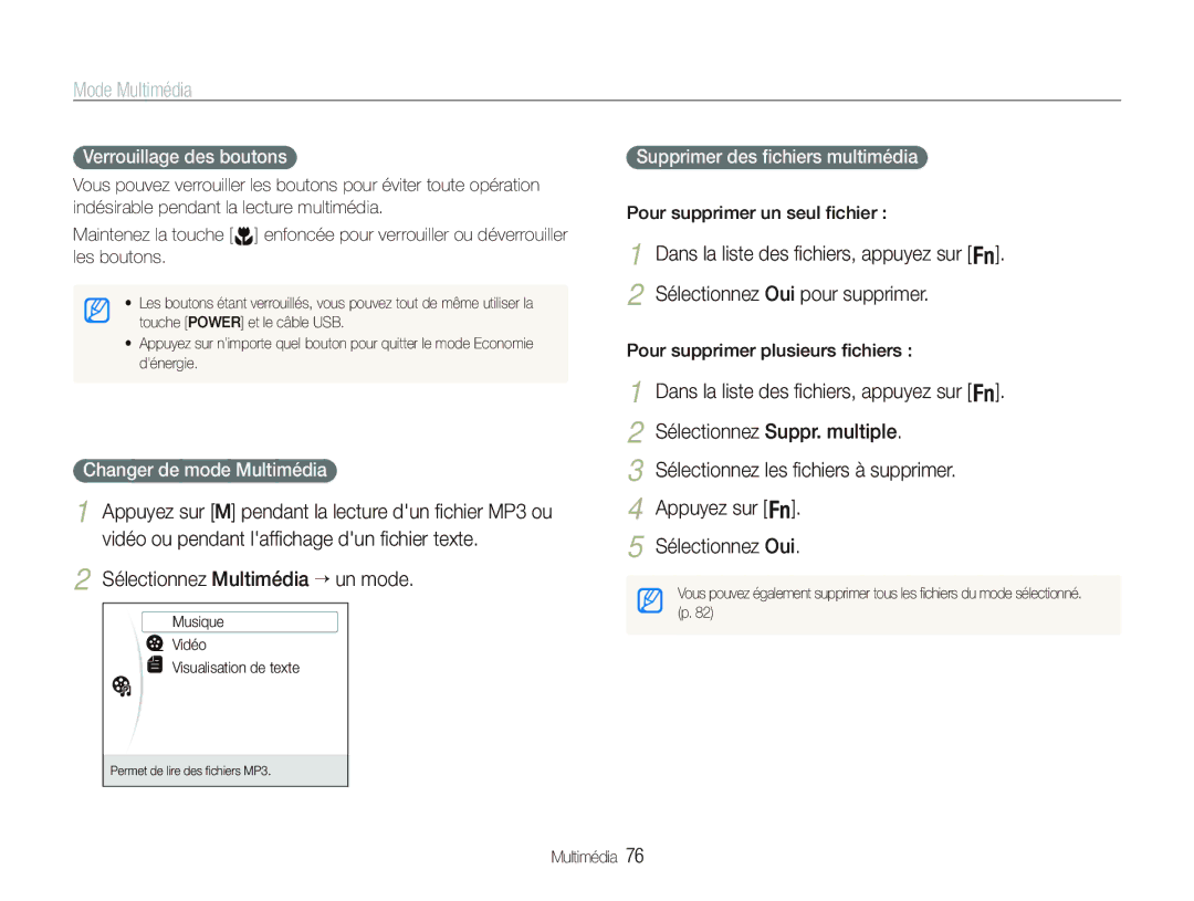 Samsung EC-PL10ZLBP/FR, EC-PL10ZRBP/FR manual Mode Multimédia, Verrouillage des boutons, Changer de mode Multimédia 