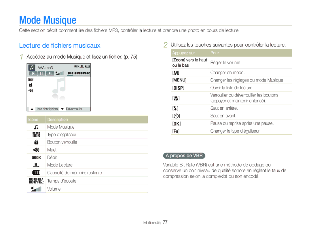 Samsung EC-PL10ZRBP/FR Mode Musique, Lecture de ﬁchiers musicaux, Accédez au mode Musique et lisez un ﬁchier. p, Icône 