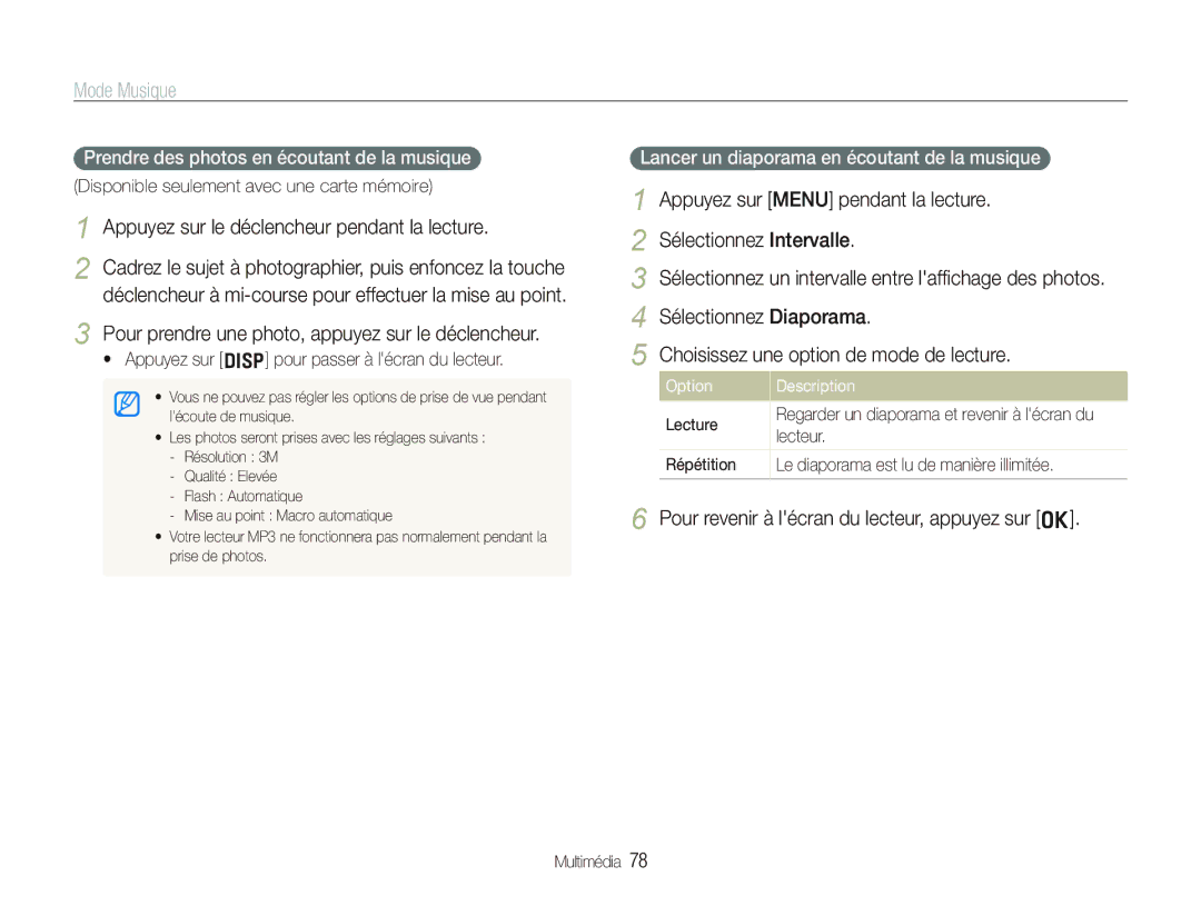 Samsung EC-PL10ZPBP/FR, EC-PL10ZRBP/FR, EC-PL10ZLBP/FR manual Mode Musique, Appuyez sur le déclencheur pendant la lecture 