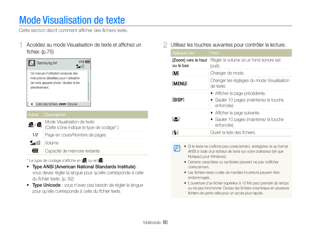 Samsung EC-PL10ZRBP/FR, EC-PL10ZPBP/FR, EC-PL10ZLBP/FR manual Mode Visualisation de texte 