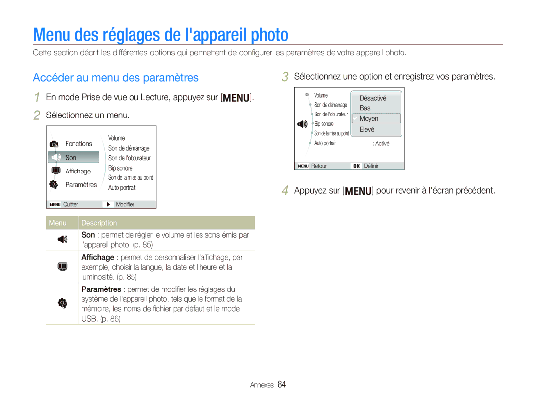 Samsung EC-PL10ZPBP/FR manual Menu des réglages de lappareil photo, Accéder au menu des paramètres, Menu Description 