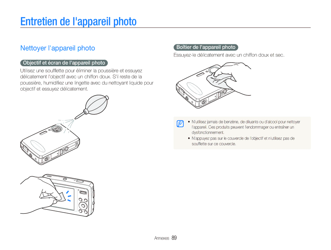 Samsung EC-PL10ZRBP/FR manual Entretien de lappareil photo, Nettoyer lappareil photo, Objectif et écran de lappareil photo 