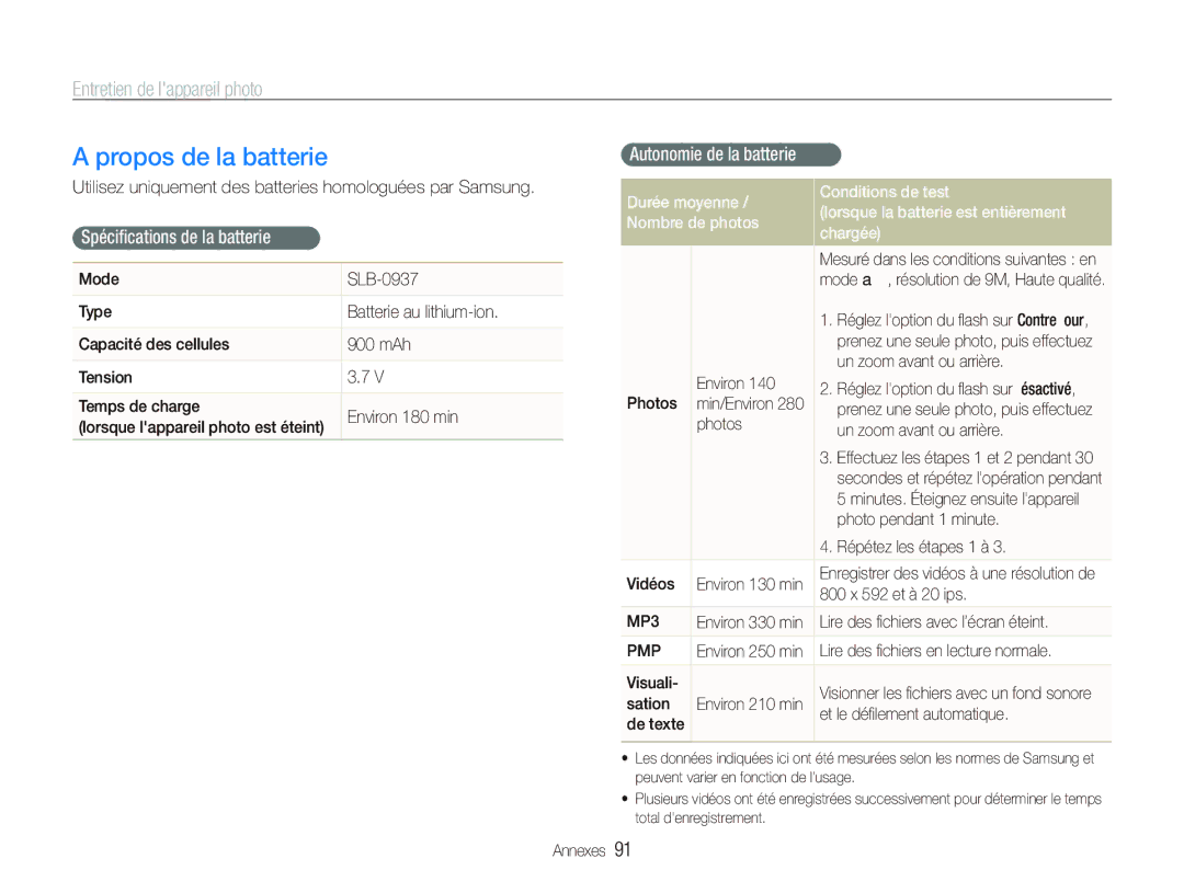 Samsung EC-PL10ZLBP/FR, EC-PL10ZRBP/FR manual Propos de la batterie, Spéciﬁcations de la batterie, Autonomie de la batterie 