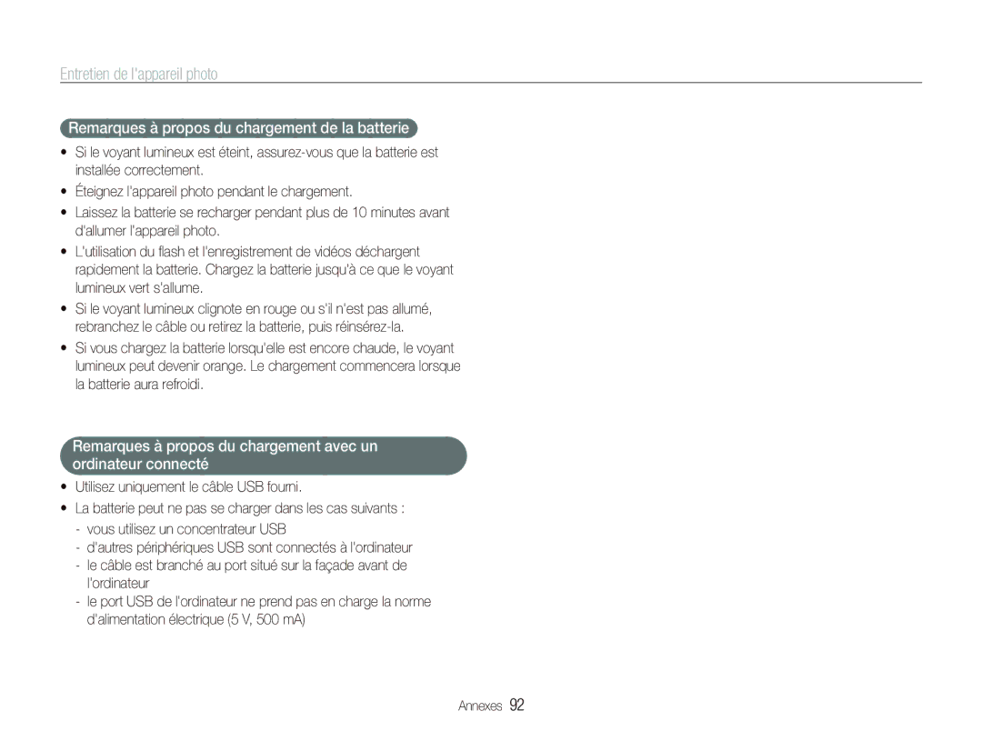 Samsung EC-PL10ZRBP/FR, EC-PL10ZPBP/FR, EC-PL10ZLBP/FR manual Remarques à propos du chargement de la batterie 
