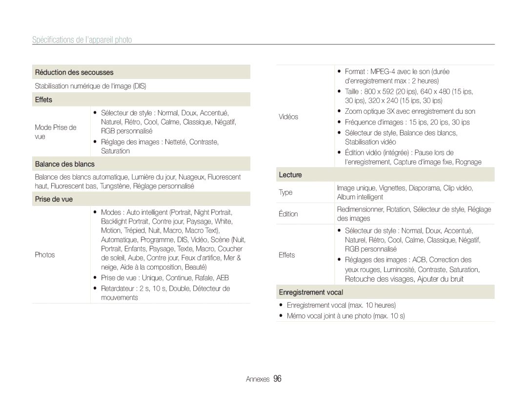 Samsung EC-PL10ZPBP/FR, EC-PL10ZRBP/FR, EC-PL10ZLBP/FR manual Spéciﬁcations de l’appareil photo 