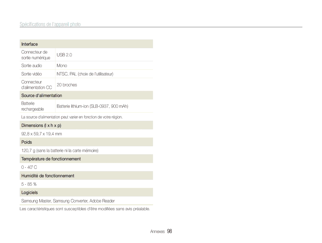 Samsung EC-PL10ZRBP/FR manual Interface Connecteur de USB, Source dalimentation, Batterie lithium-ion SLB-0937, 900 mAh 