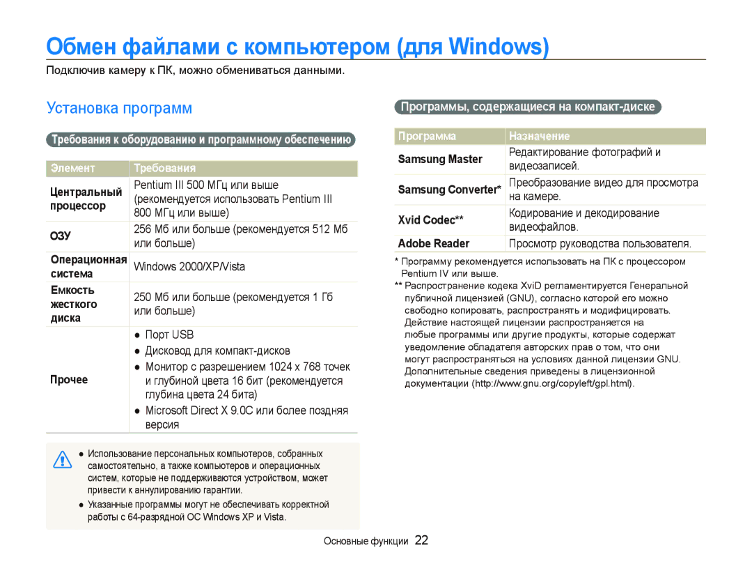 Samsung EC-PL10ZSBP/RU, EC-PL10ZRBP/RU Обмен файлами с компьютером для Windows, Установка программ, Программа Назначение 