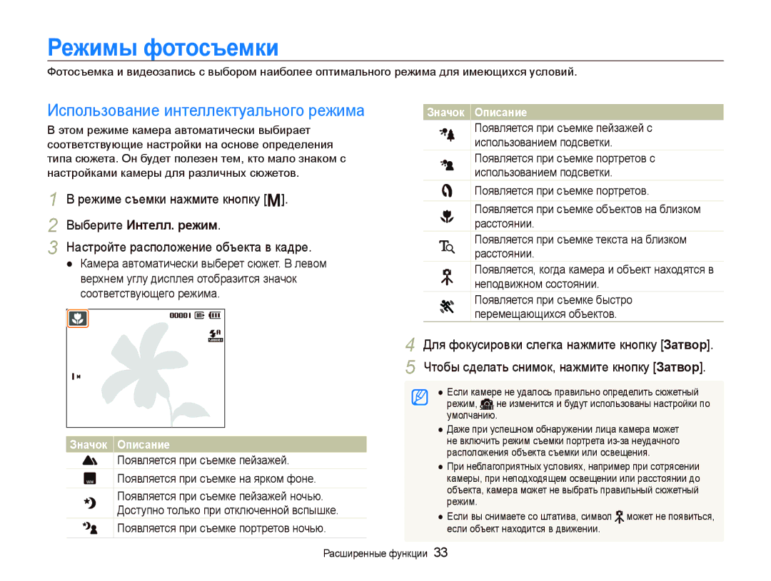 Samsung EC-PL10ZPBP/RU, EC-PL10ZRBP/RU Ɋɟжимы фɨтɨɫъɟмки, Использование интеллектуального режима, Выберите Интɟлл. ɪɟжим 